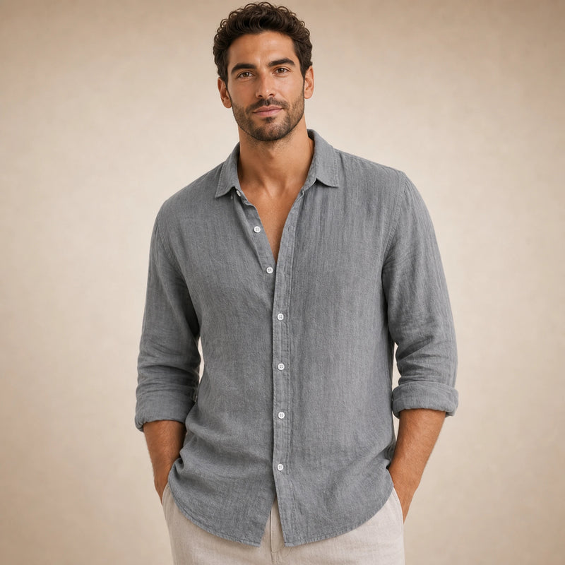 SOFAINE-V5-2026-07-07 Sofaine Leo long-sleeve linen shirt in Gray, worn collar and placket detail