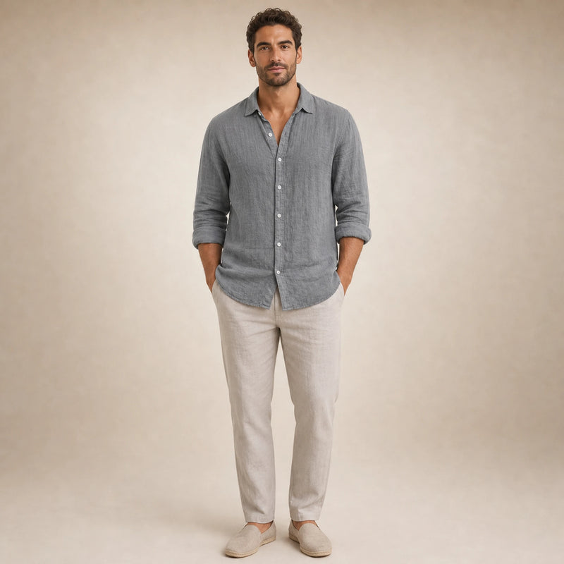 SOFAINE-V5-2026-07-07 Sofaine Leo long-sleeve linen shirt in Gray, worn front hero