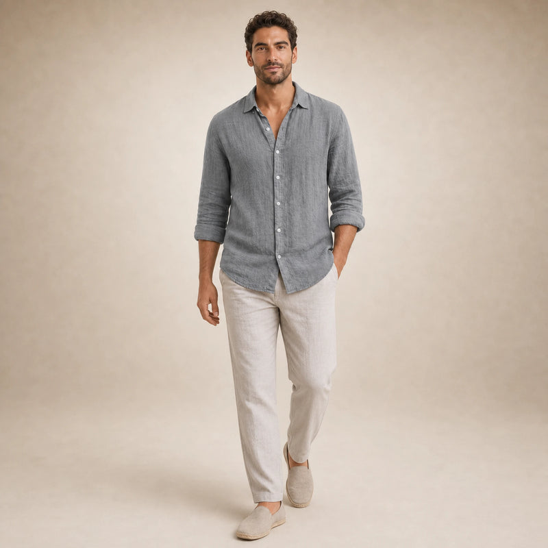 SOFAINE-V5-2026-07-07 Sofaine Leo long-sleeve linen shirt in Gray, styled full look