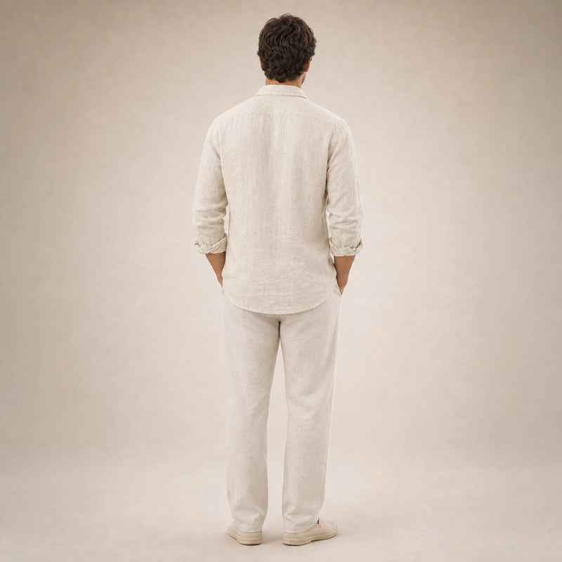 SOFAINE-V5-2026-07-07 Sofaine Leo long-sleeve linen shirt in Khaki, worn back