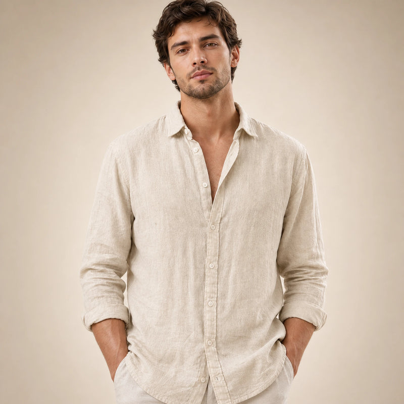 SOFAINE-V5-2026-07-07 Sofaine Leo long-sleeve linen shirt in Khaki, worn collar and placket detail