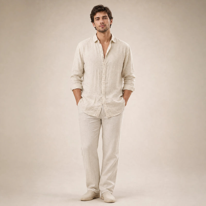 SOFAINE-V5-2026-07-07 Sofaine Leo long-sleeve linen shirt in Khaki, worn front hero