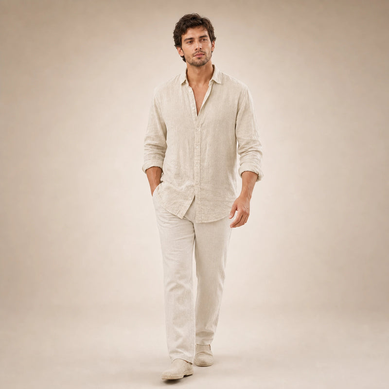 SOFAINE-V5-2026-07-07 Sofaine Leo long-sleeve linen shirt in Khaki, styled full look
