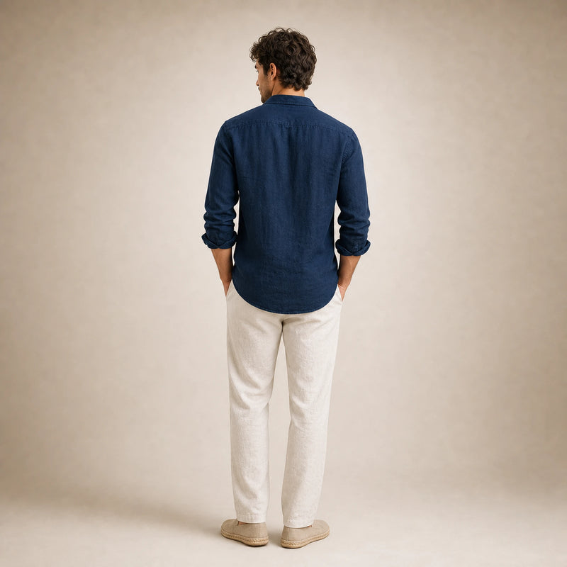 SOFAINE-V5-2026-07-07 Sofaine Leo long-sleeve linen shirt in Navy Blue, worn back