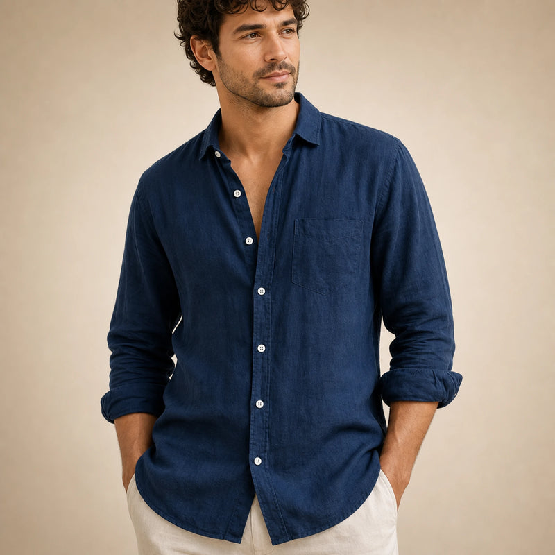 SOFAINE-V5-2026-07-07 Sofaine Leo long-sleeve linen shirt in Navy Blue, worn collar and placket detail