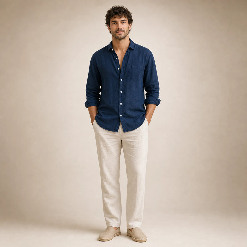 SOFAINE-V5-2026-07-07 Sofaine Leo long-sleeve linen shirt in Navy Blue, worn front hero
