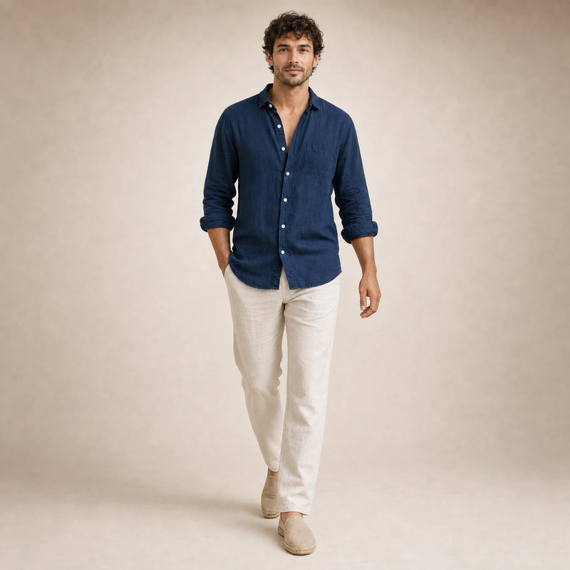 SOFAINE-V5-2026-07-07 Sofaine Leo long-sleeve linen shirt in Navy Blue, styled full look