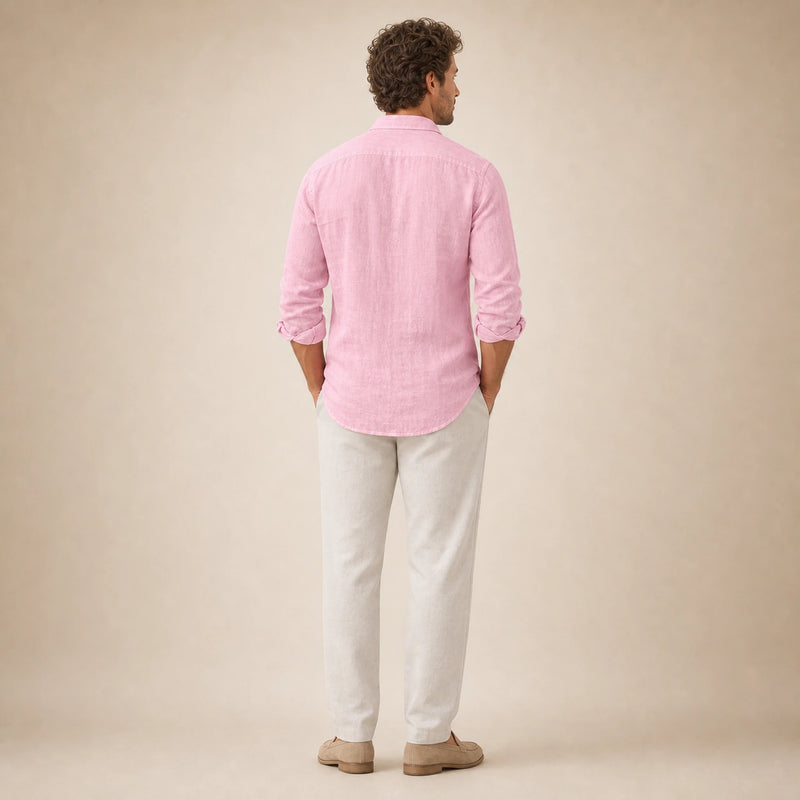 SOFAINE-V5-2026-07-07 Sofaine Leo long-sleeve linen shirt in Pink, worn back