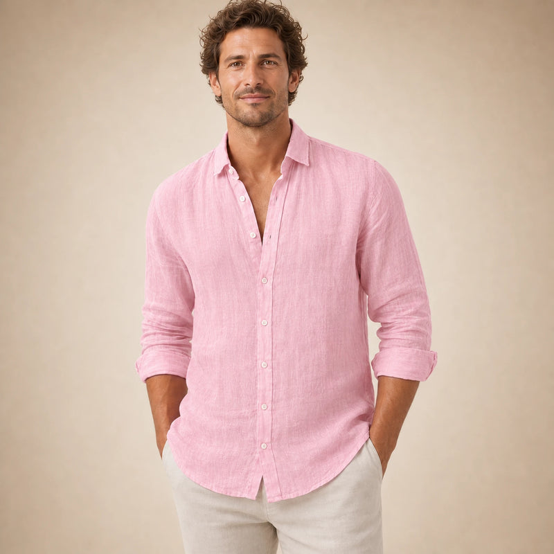 SOFAINE-V5-2026-07-07 Sofaine Leo long-sleeve linen shirt in Pink, worn collar and placket detail