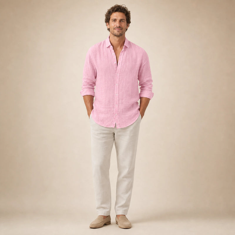 SOFAINE-V5-2026-07-07 Sofaine Leo long-sleeve linen shirt in Pink, worn front hero