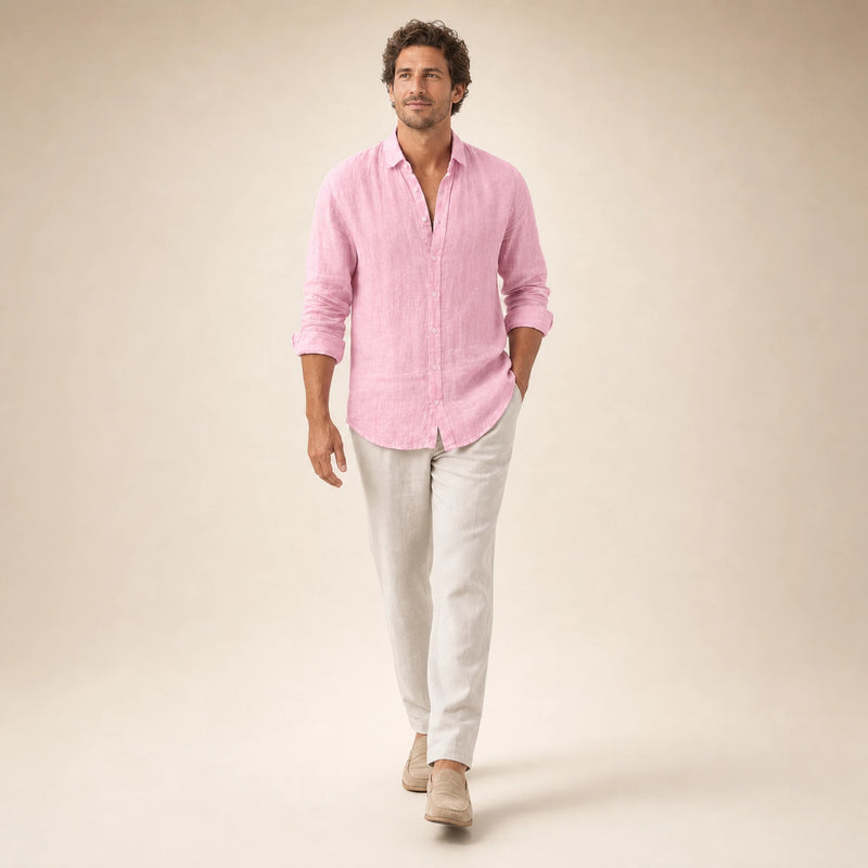 SOFAINE-V5-2026-07-07 Sofaine Leo long-sleeve linen shirt in Pink, styled full look