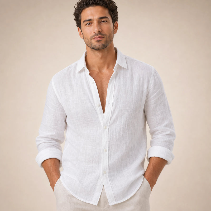 SOFAINE-V5-2026-07-07 Sofaine Leo long-sleeve linen shirt in White, worn collar and placket detail