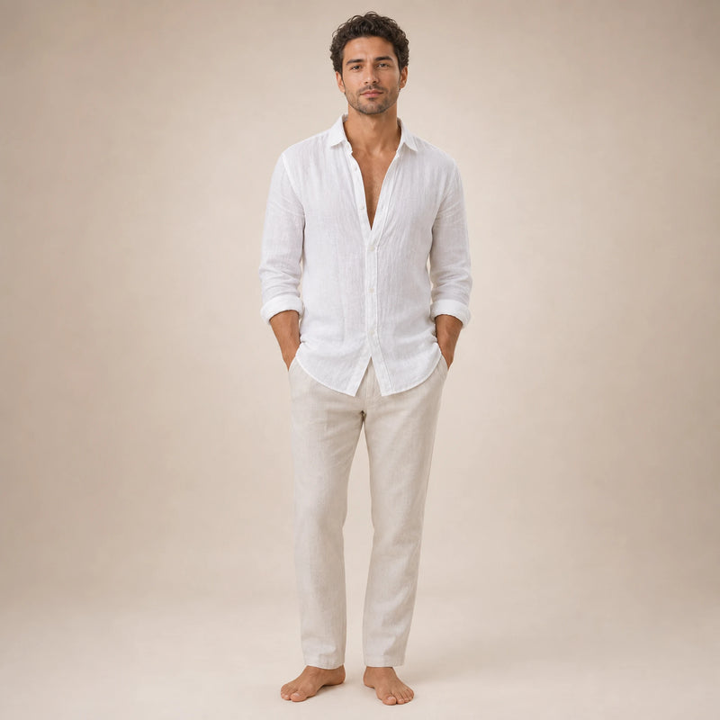SOFAINE-V5-2026-07-07 Sofaine Leo long-sleeve linen shirt in White, worn front hero