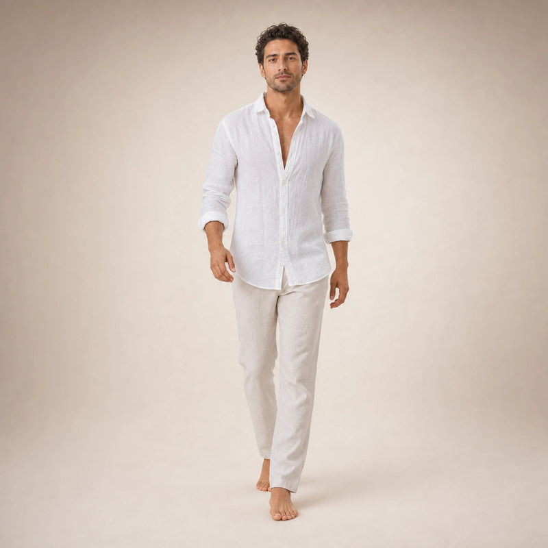SOFAINE-V5-2026-07-07 Sofaine Leo long-sleeve linen shirt in White, styled full look