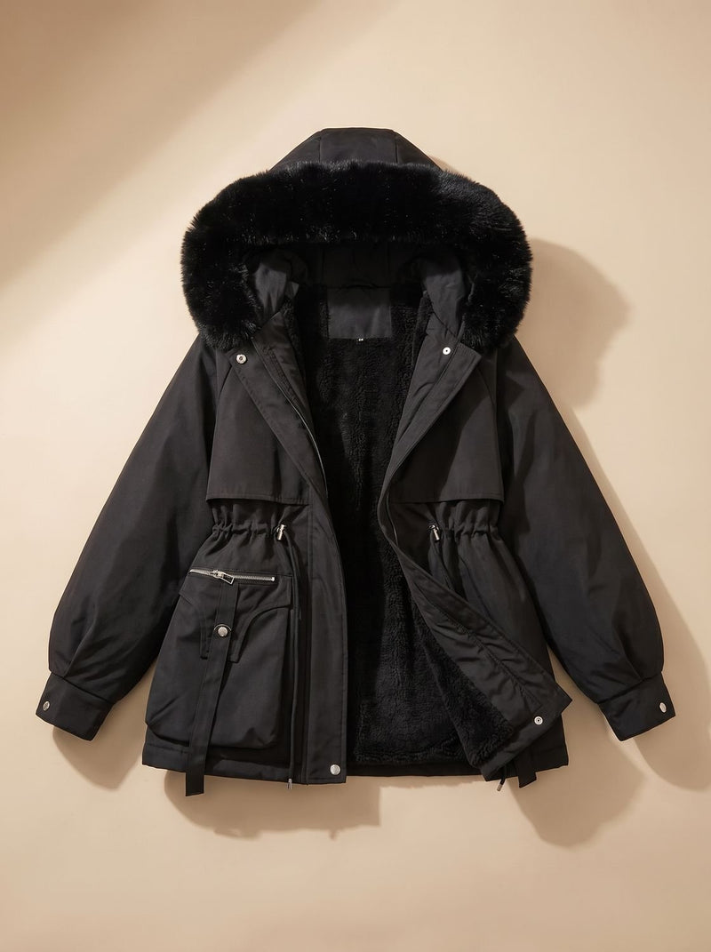Padded Winter Parka for Women with Faux Fur Hood and Tunnel Drawstring in Black, studio front view