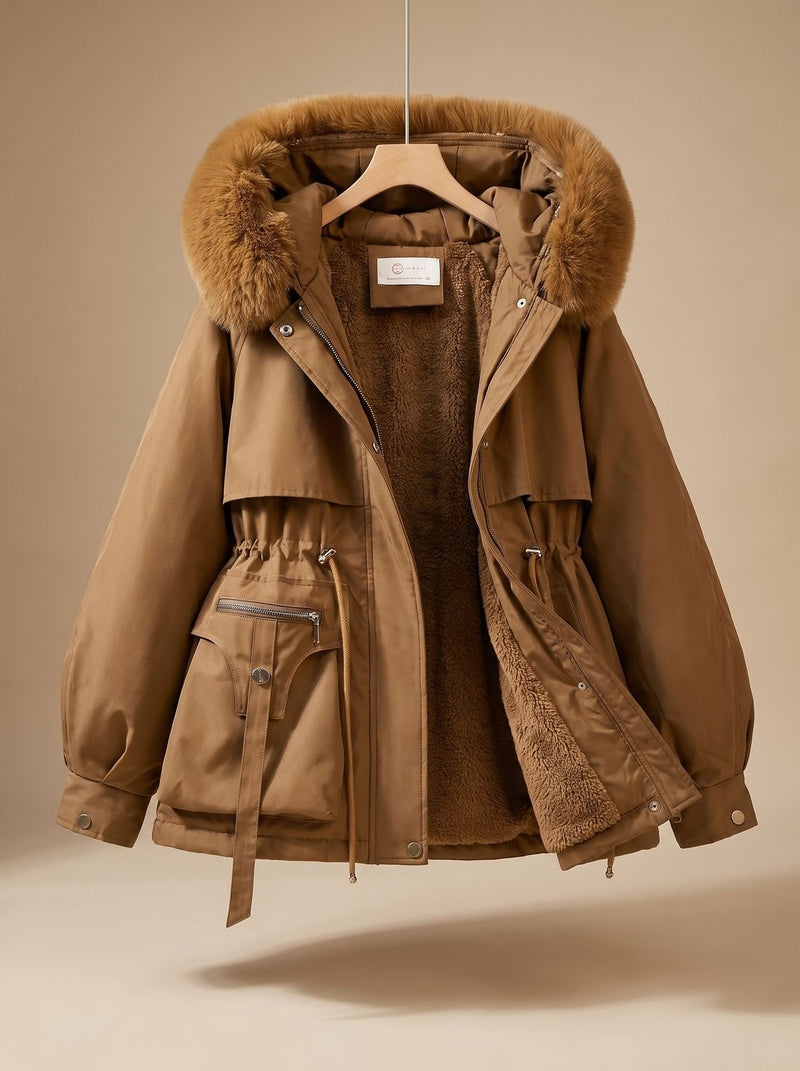 Padded Winter Parka for Women with Faux Fur Hood and Tunnel Drawstring in Brown, studio front view