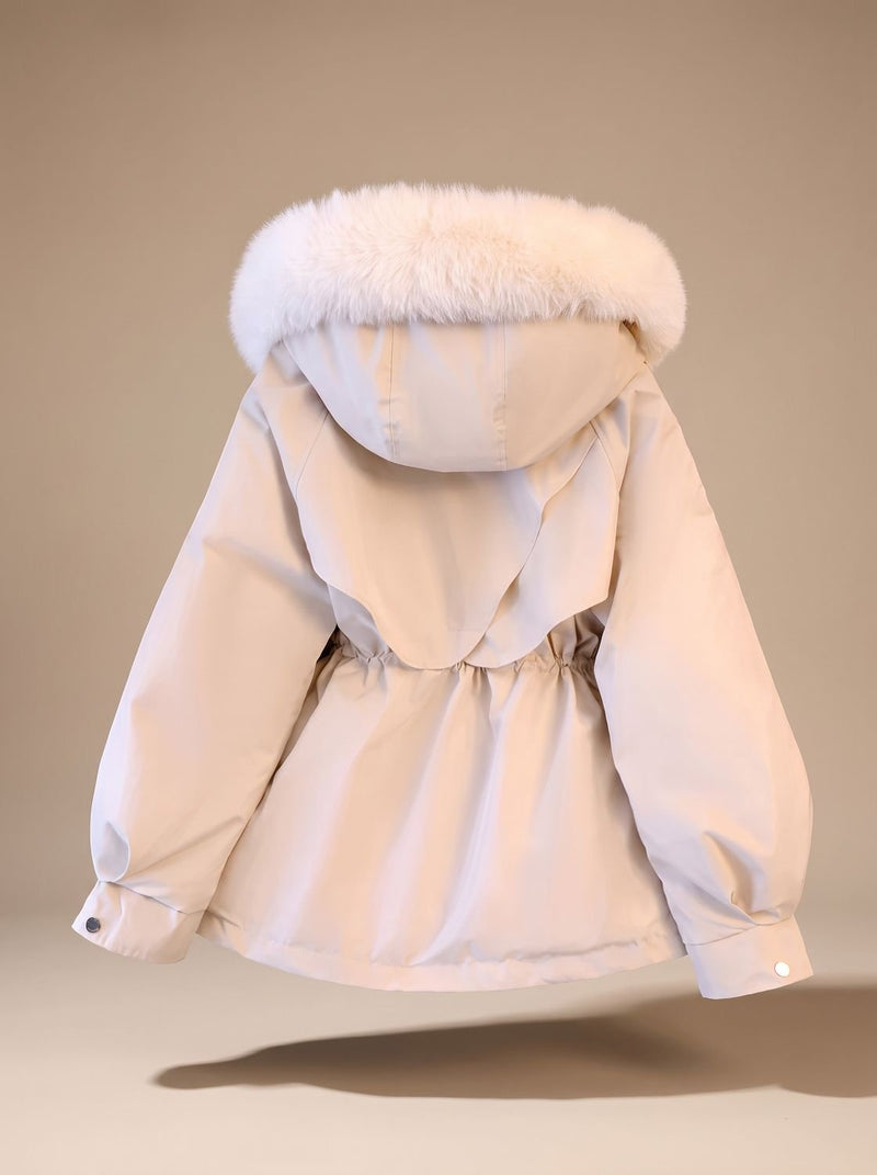 Padded Winter Parka for Women with Faux Fur Hood and Tunnel Drawstring, studio back view