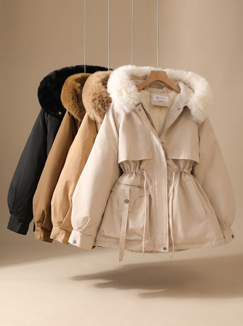 Padded Winter Parka for Women with Faux Fur Hood and Tunnel Drawstring, studio front view