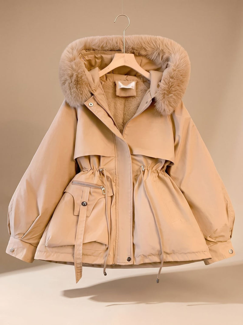 Padded Winter Parka for Women with Faux Fur Hood and Tunnel Drawstring in Khaki, studio front view