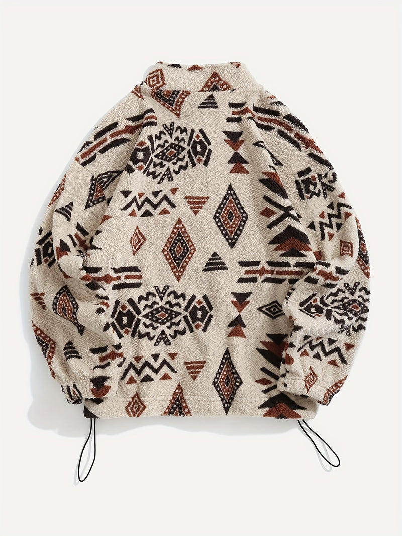 Aztec Sherpa Jacket for Women with Stand Collar and Drawstring Hem in Beige, back view