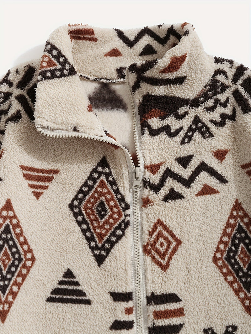 Aztec Sherpa Jacket for Women with Stand Collar and Drawstring Hem in Beige, collar detail