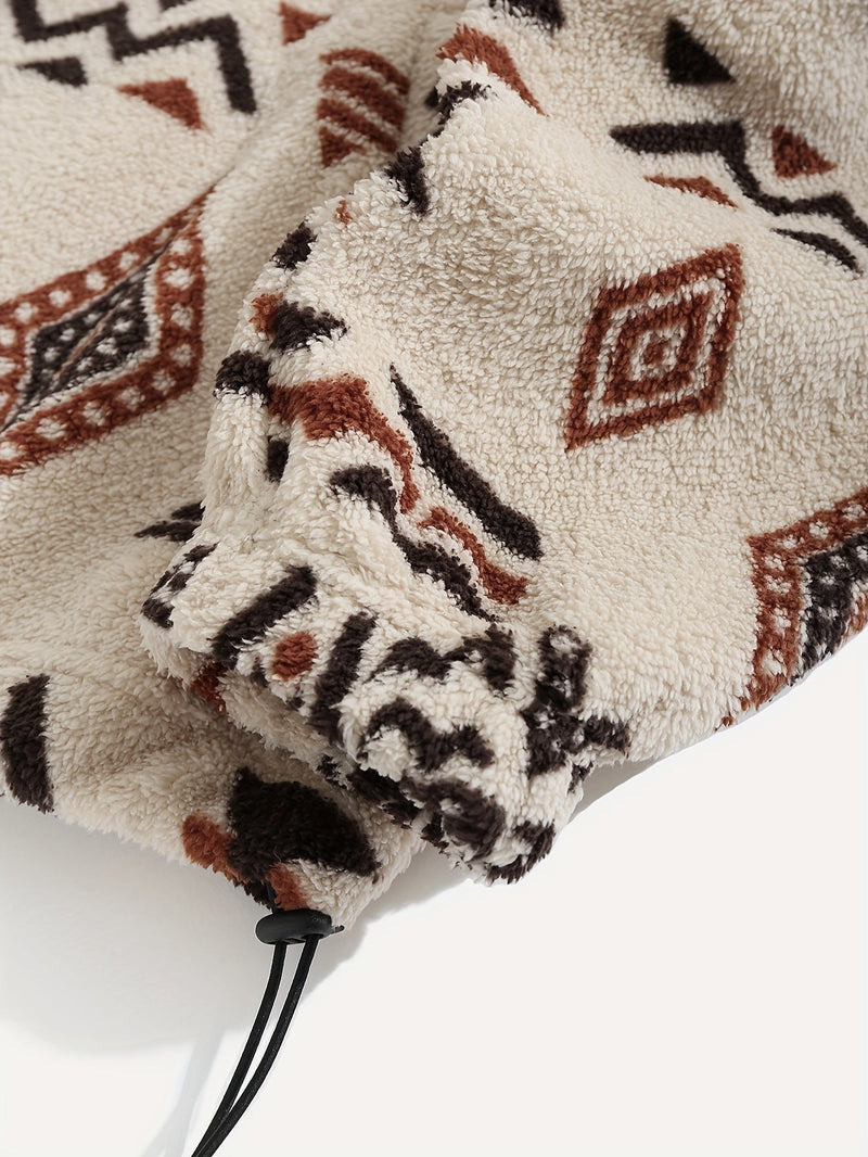 Aztec Sherpa Jacket for Women with Stand Collar and Drawstring Hem in Beige, cuff and hem detail