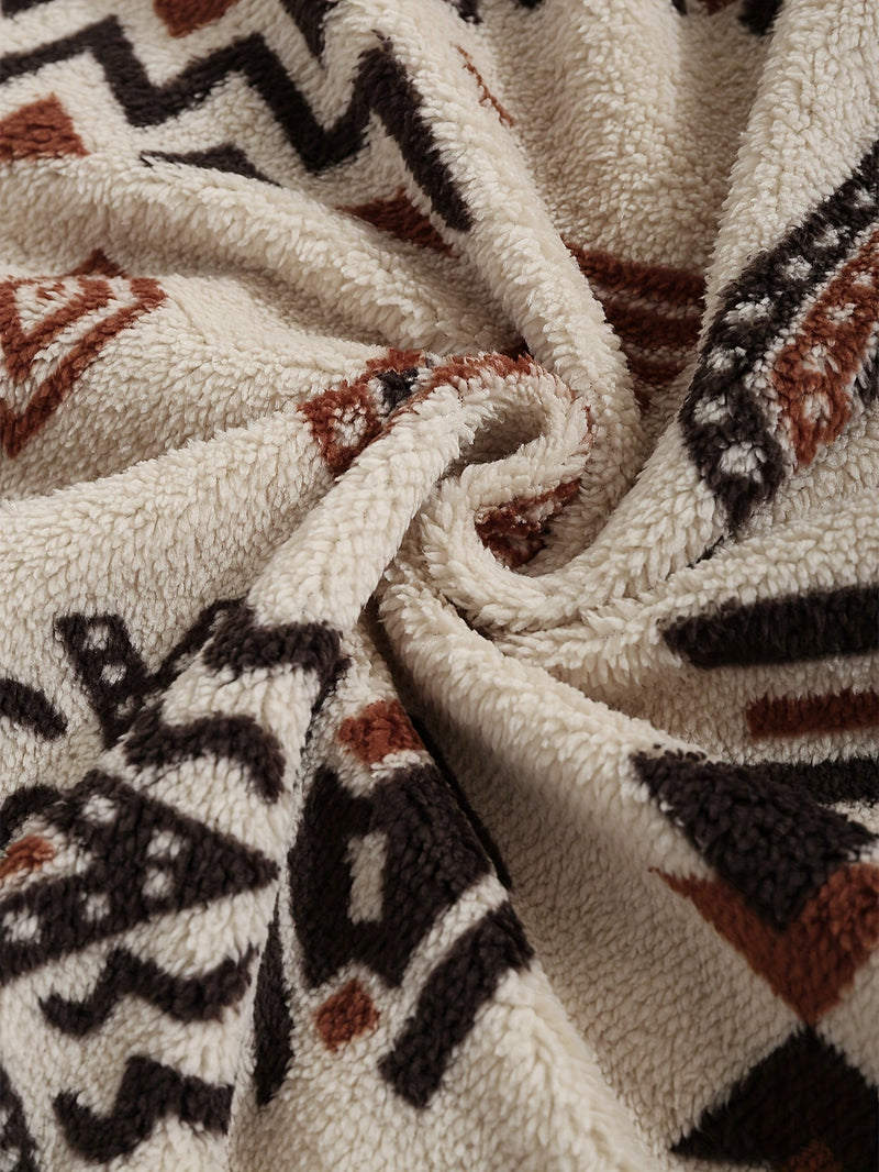 Aztec Sherpa Jacket for Women with Stand Collar and Drawstring Hem in Beige, fabric close-up