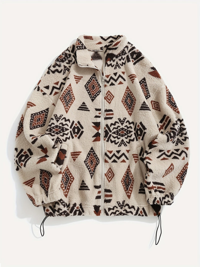 Aztec Sherpa Jacket for Women with Stand Collar and Drawstring Hem in Beige, flat front view