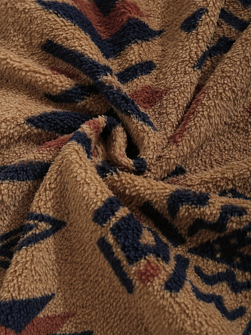 Aztec Sherpa Jacket for Women with Stand Collar and Drawstring Hem in Brown, fabric close-up