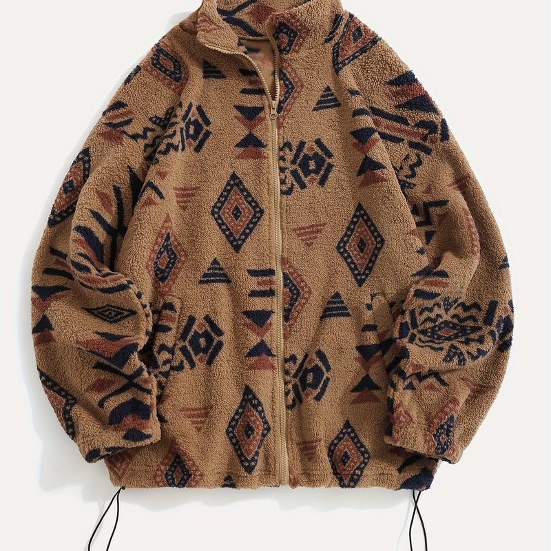 Aztec Sherpa Jacket for Women with Stand Collar and Drawstring Hem in Brown, front view