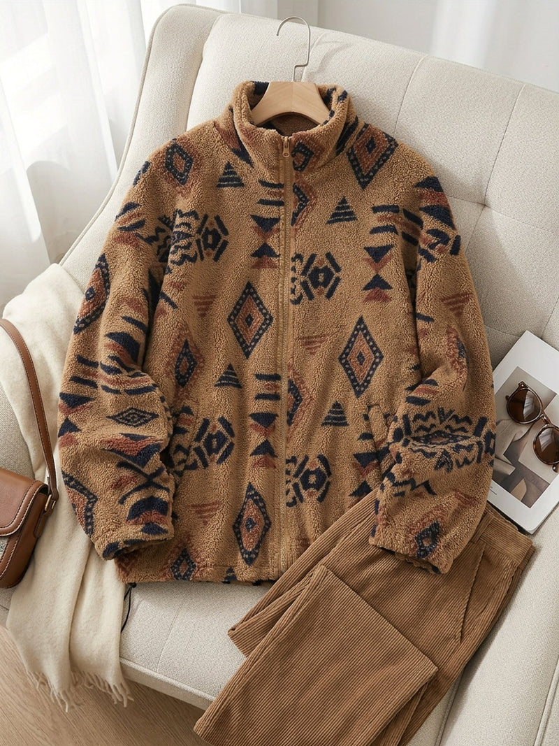 Aztec Sherpa Jacket for Women with Stand Collar and Drawstring Hem in Brown, styled flat lay