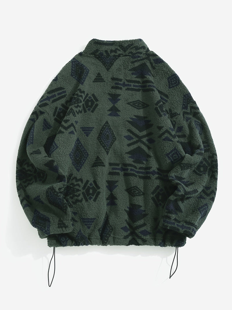 Aztec Sherpa Jacket for Women with Stand Collar and Drawstring Hem in Green, back view