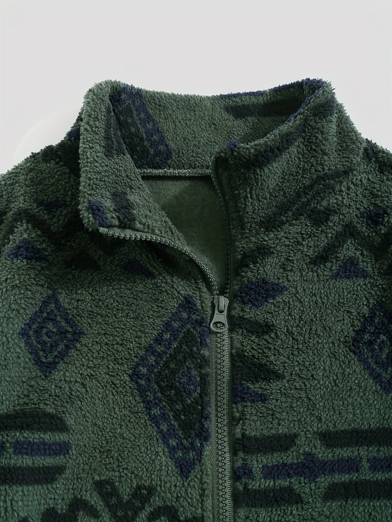Aztec Sherpa Jacket for Women with Stand Collar and Drawstring Hem in Green, collar detail