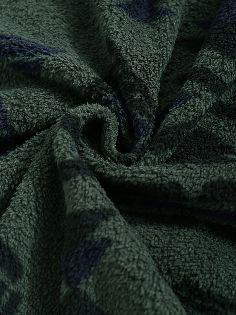 Aztec Sherpa Jacket for Women with Stand Collar and Drawstring Hem in Green, fabric close-up