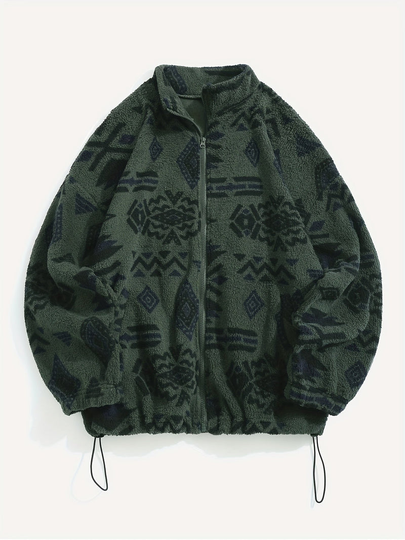 Aztec Sherpa Jacket for Women with Stand Collar and Drawstring Hem in Green, flat front view