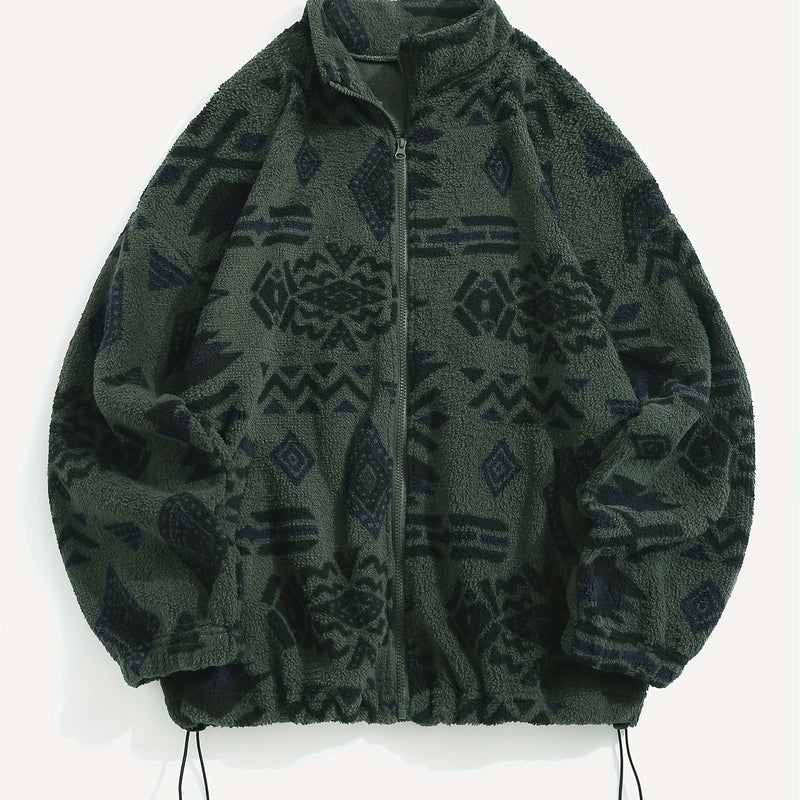 Aztec Sherpa Jacket for Women with Stand Collar and Drawstring Hem in Green, front view