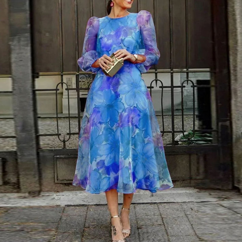Floral Midi Wedding Guest Dress for Women with Sheer Long Sleeves in Blue, front view
