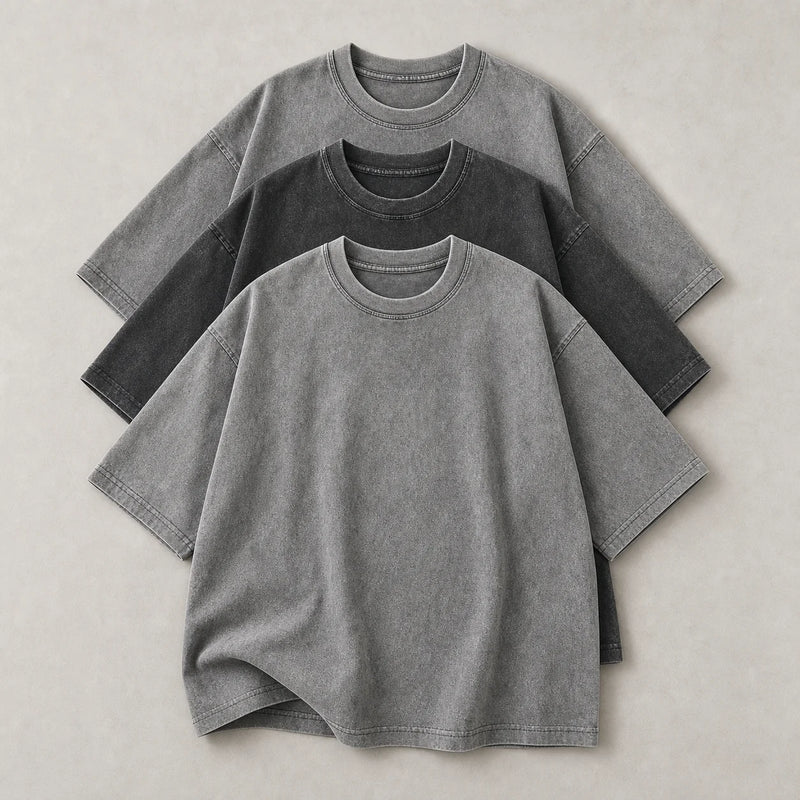 Sofaine Levi oversized acid-wash cotton crew-neck T-shirt 3-pack in 2 Black 1 Gray, folded flat-lay
