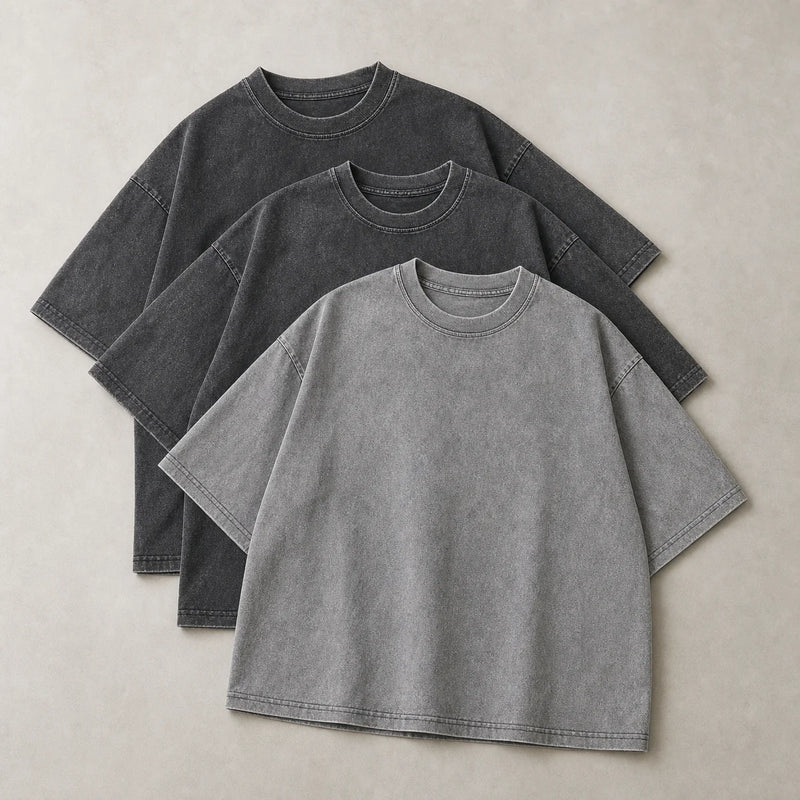 Sofaine Levi oversized acid-wash cotton crew-neck T-shirt 3-pack in 2 Gray 1 Black, folded flat-lay