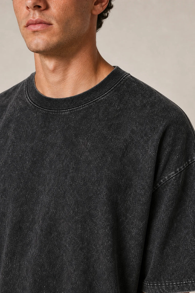 Sofaine Levi oversized acid-wash cotton crew-neck T-shirt in Black, ribbed collar and acid-wash fabric detail
