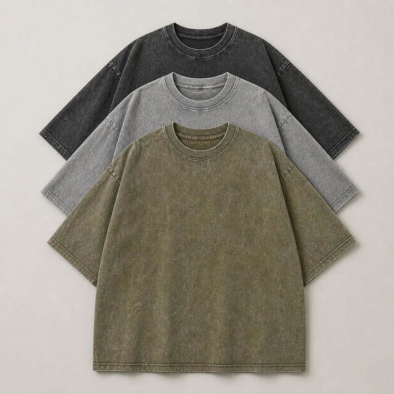Sofaine Levi oversized acid-wash cotton crew-neck T-shirt 3-pack in Black Gray Green, folded flat-lay
