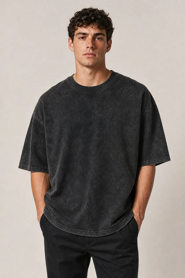 Sofaine Levi oversized acid-wash cotton crew-neck T-shirt in Black, worn front hero