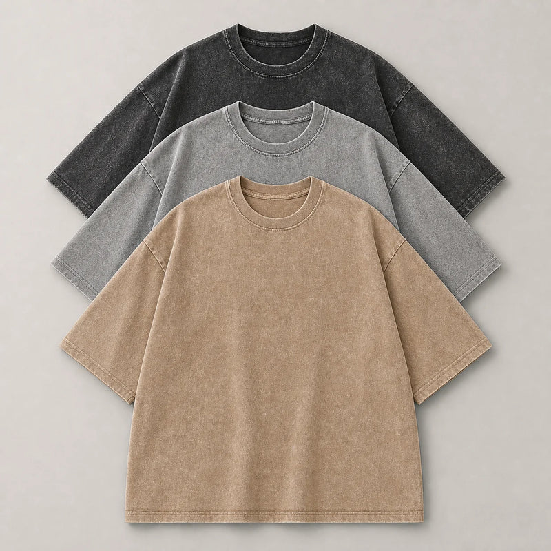 Sofaine Levi oversized acid-wash cotton crew-neck T-shirt 3-pack in Black Gray Khaki, folded flat-lay
