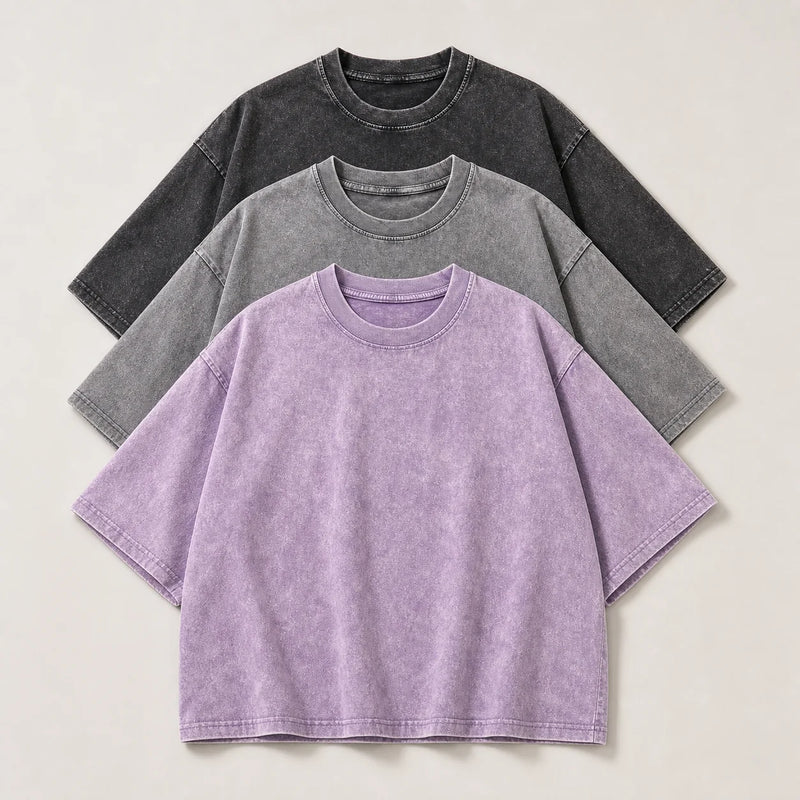 Sofaine Levi oversized acid-wash cotton crew-neck T-shirt 3-pack in Black Gray Purple, folded flat-lay