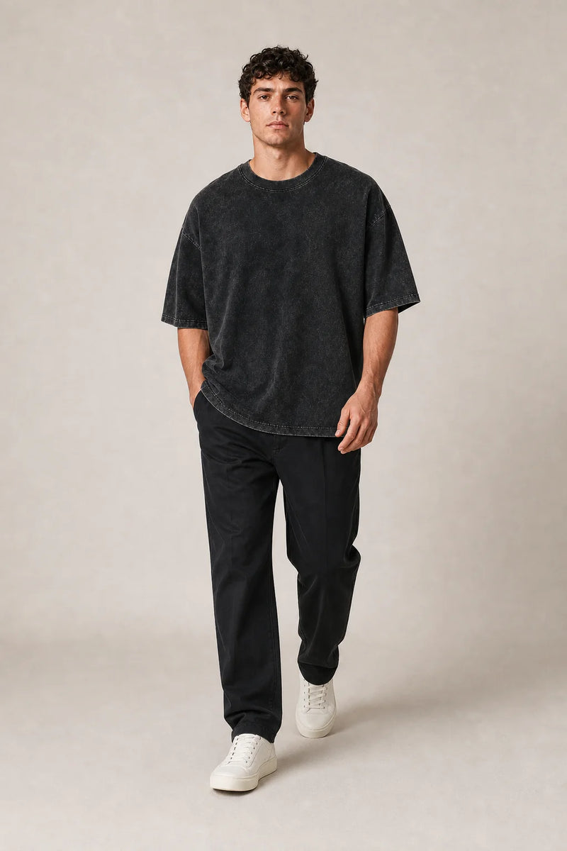 Sofaine Levi oversized acid-wash cotton crew-neck T-shirt in Black, styled full look