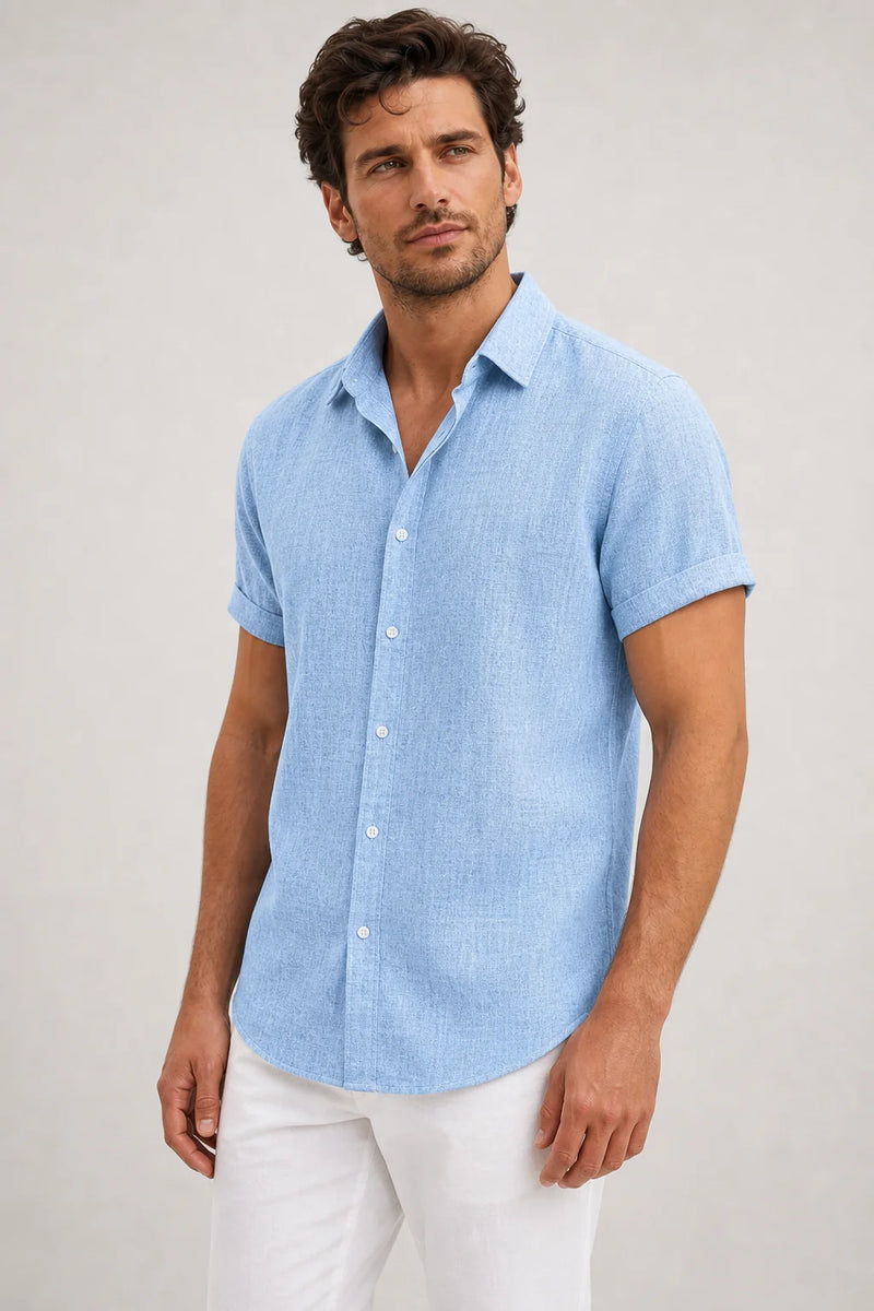 Sofaine Julian men's short-sleeve linen shirt in Light Blue, worn on model