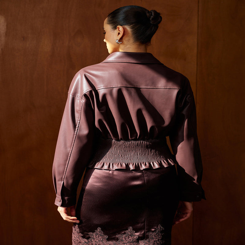 Cropped Faux Leather Peplum Jacket for Women with Smocked Waist in Chocolate, back view
