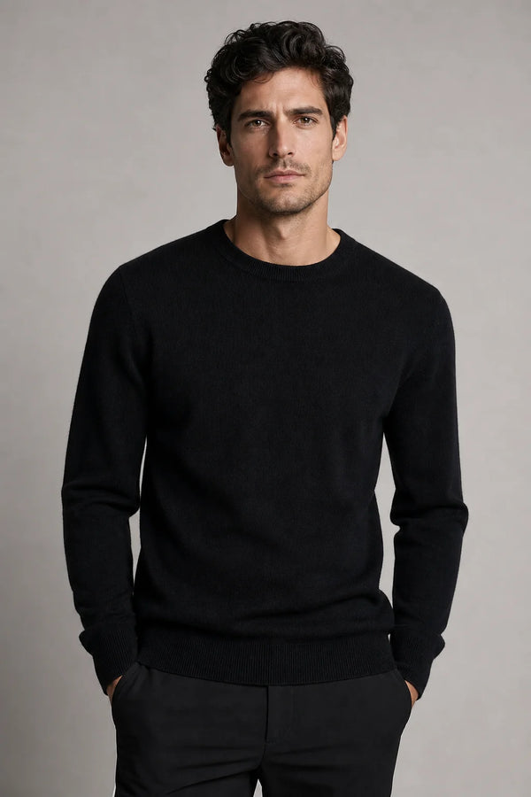 Sofaine Liam men's cashmere crewneck sweater in Black, worn front hero