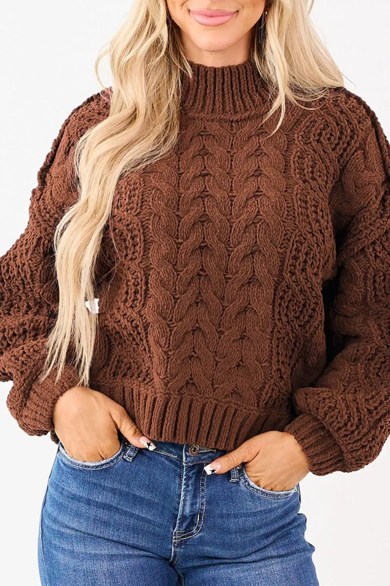 Chunky Cable Knit Sweater for Women with Mock Neck and Balloon Sleeves in Brown, studio front view