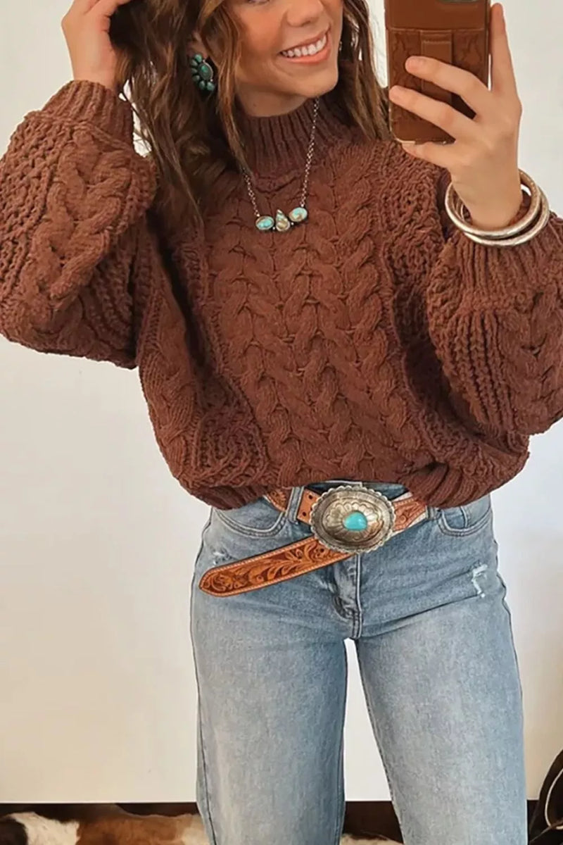 Chunky Cable Knit Sweater for Women with Mock Neck and Balloon Sleeves in Brown, styled front view